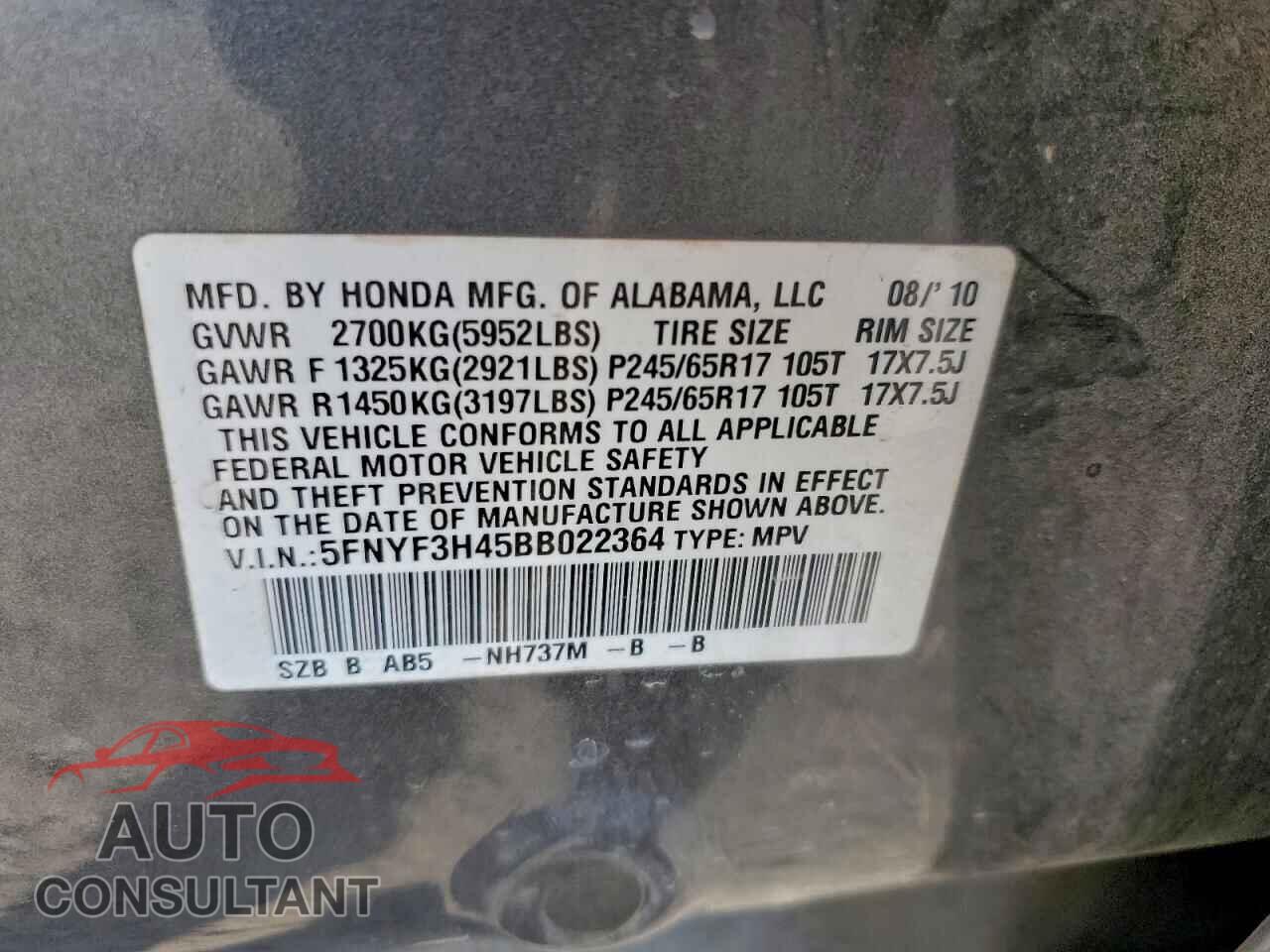 HONDA PILOT 2011 - 5FNYF3H45BB022364