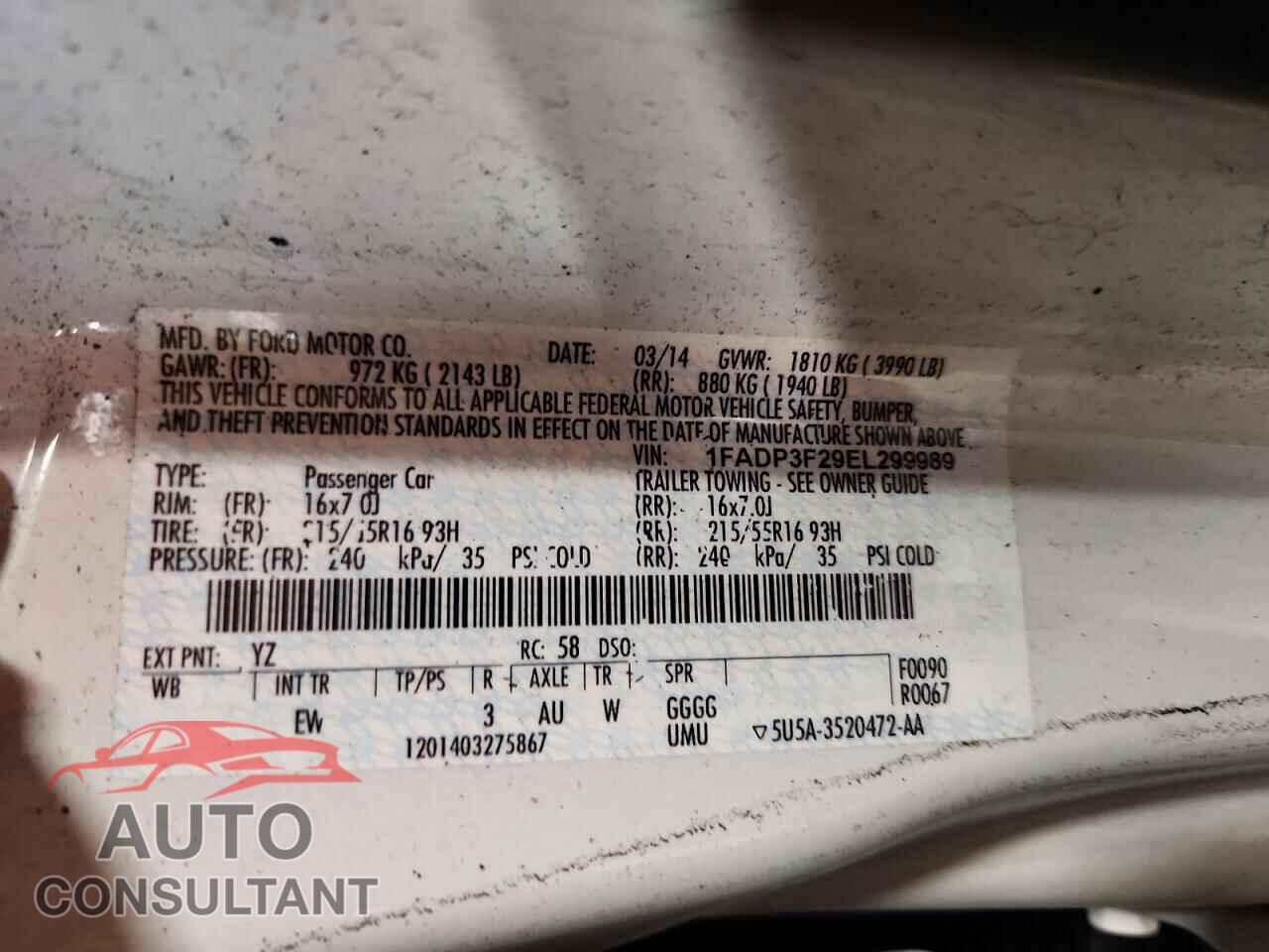 FORD FOCUS 2014 - 1FADP3F29EL299989