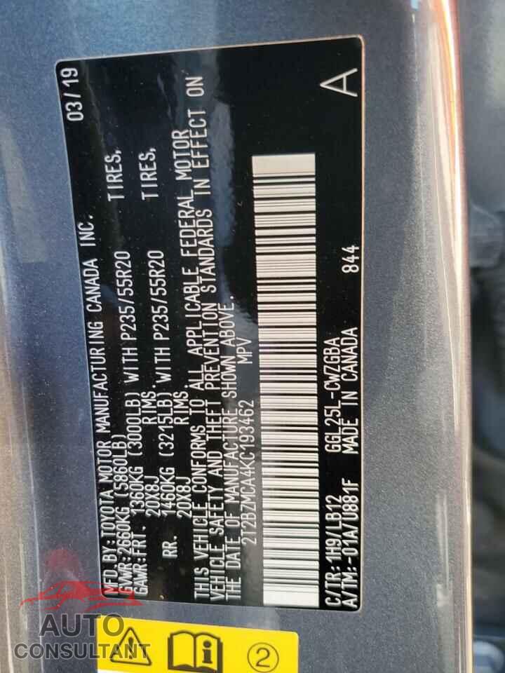 LEXUS RX350 2019 - 2T2BZMCA4KC193462