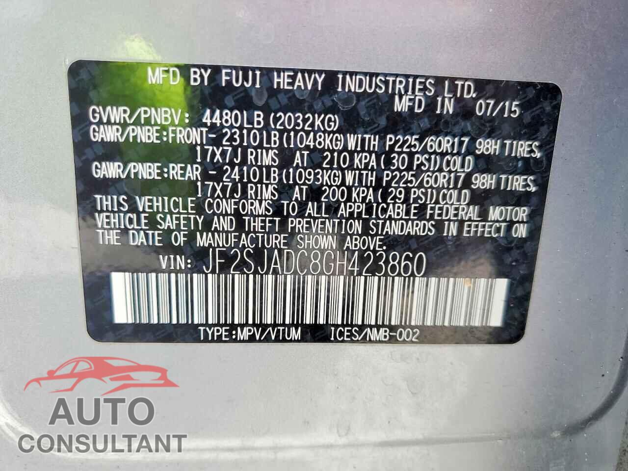 SUBARU FORESTER 2016 - JF2SJADC8GH423860