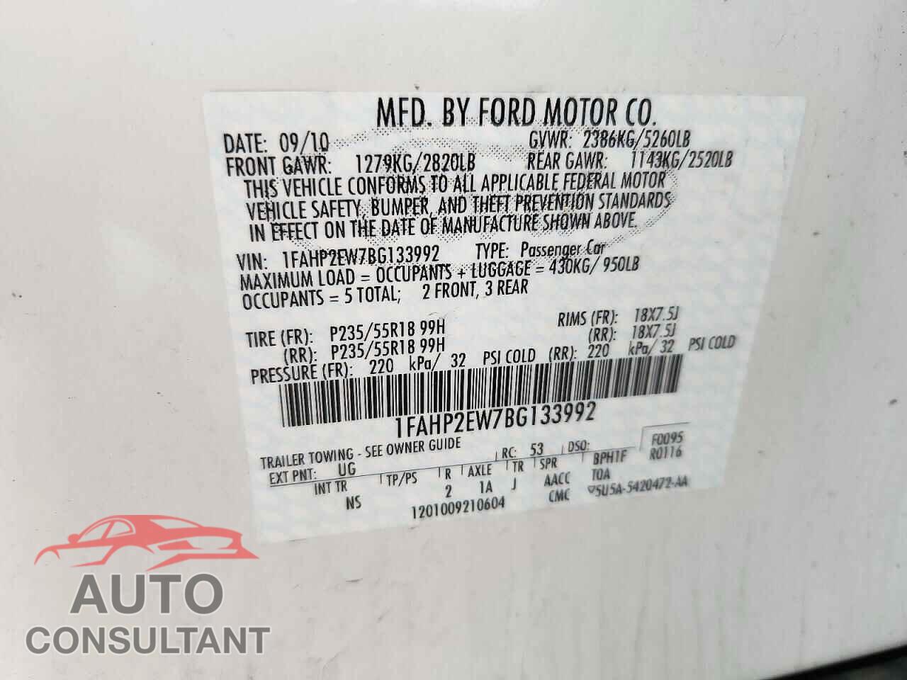 FORD TAURUS 2011 - 1FAHP2EW7BG133992
