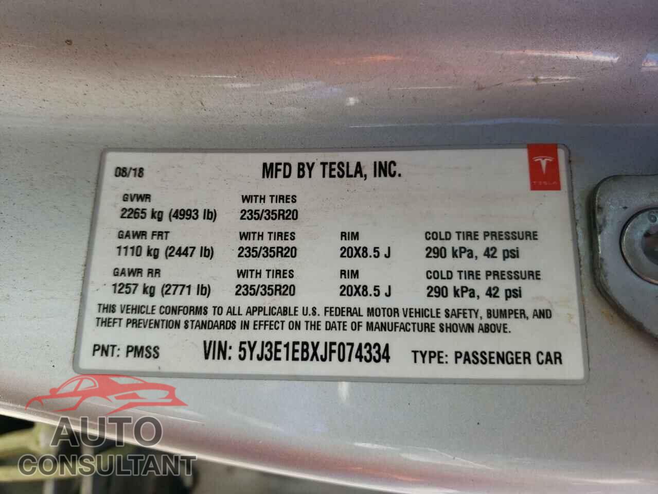 TESLA MODEL 3 2018 - 5YJ3E1EBXJF074334