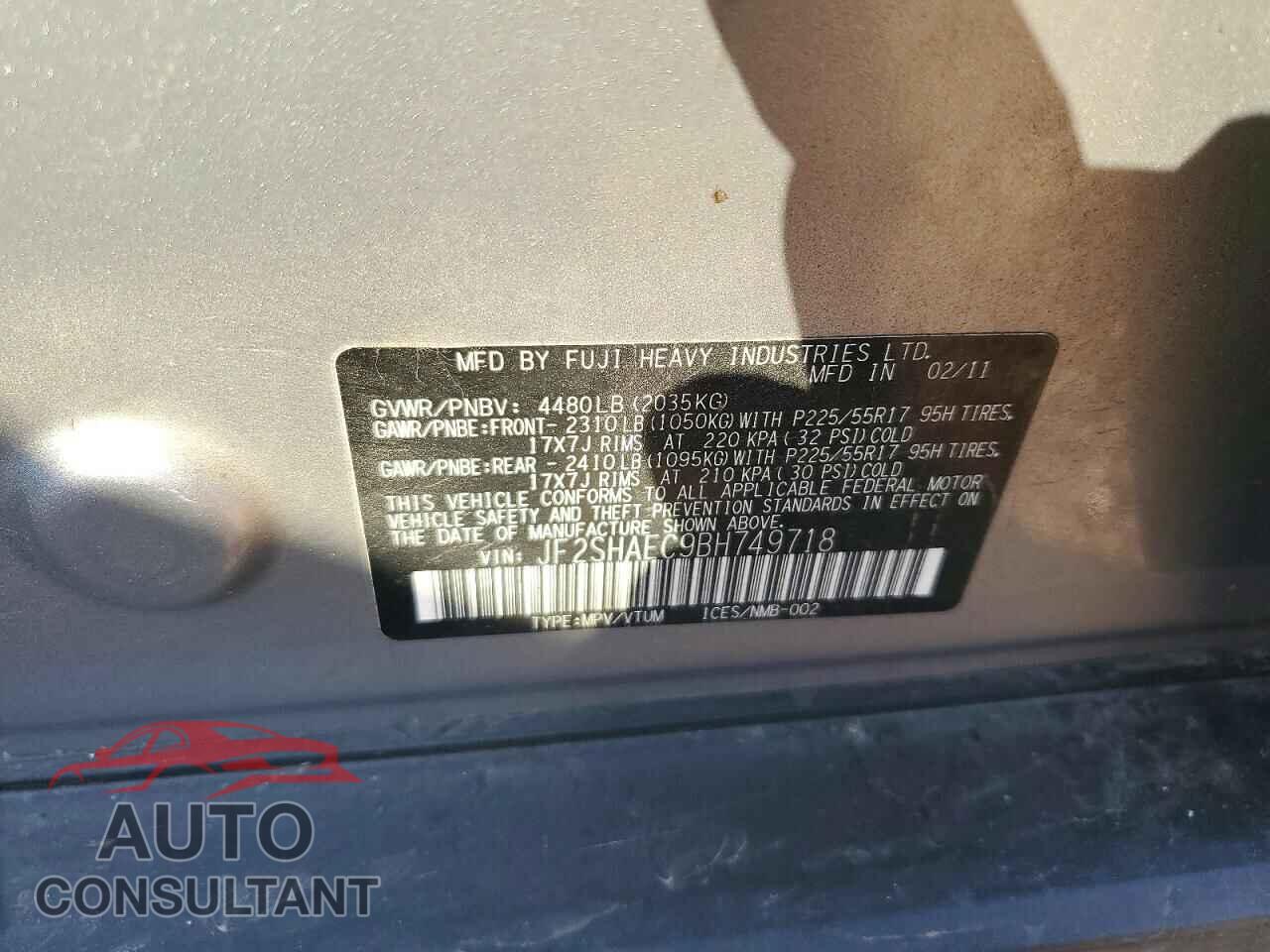 SUBARU FORESTER 2011 - JF2SHAEC9BH749718