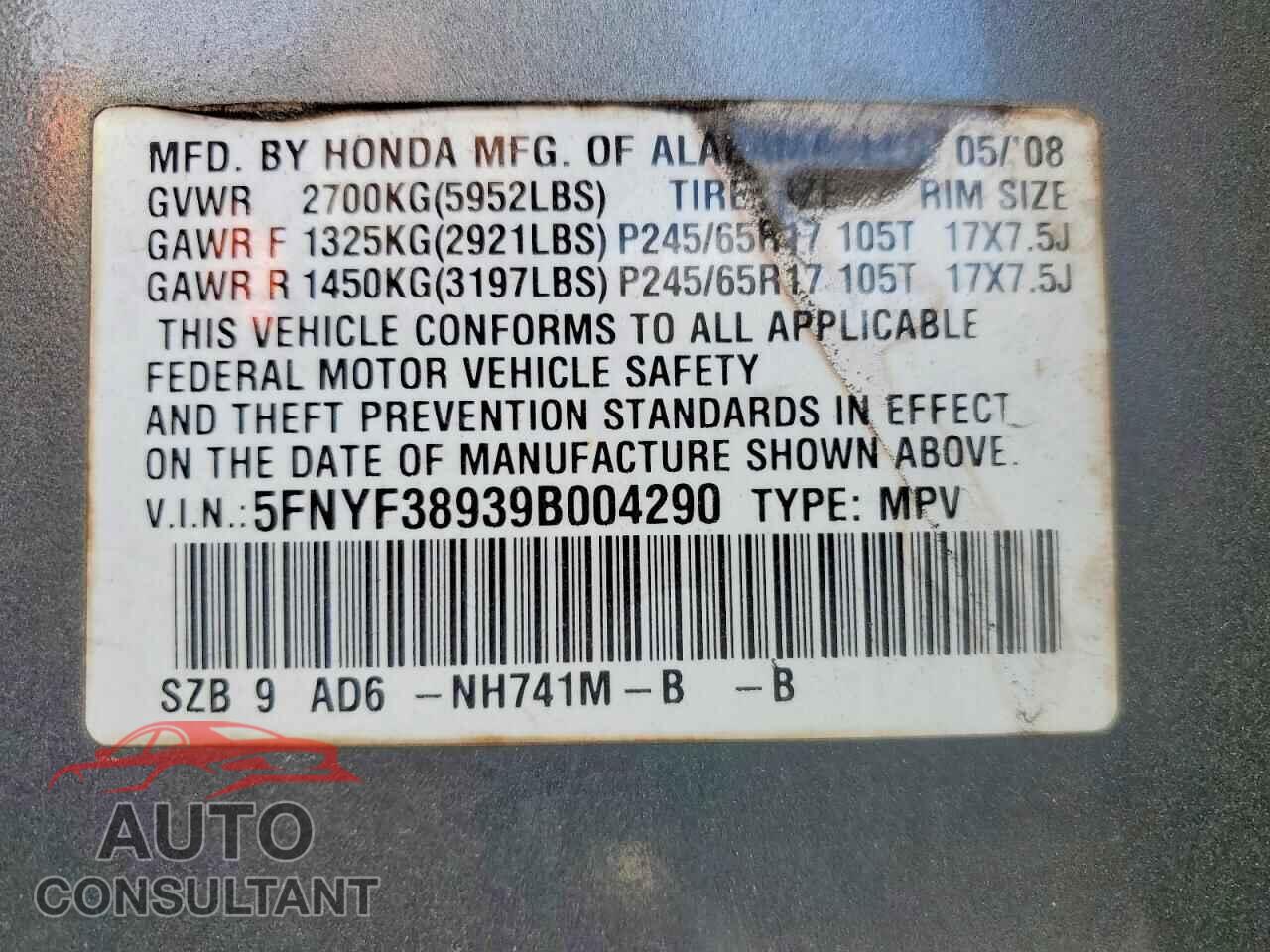 HONDA PILOT 2009 - 5FNYF38939B004290