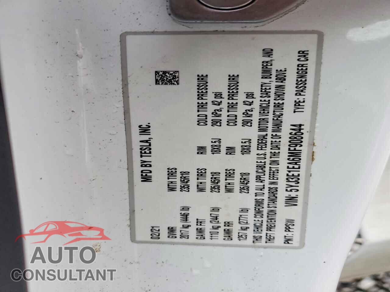 TESLA MODEL 3 2021 - 5YJ3E1EA6MF908644