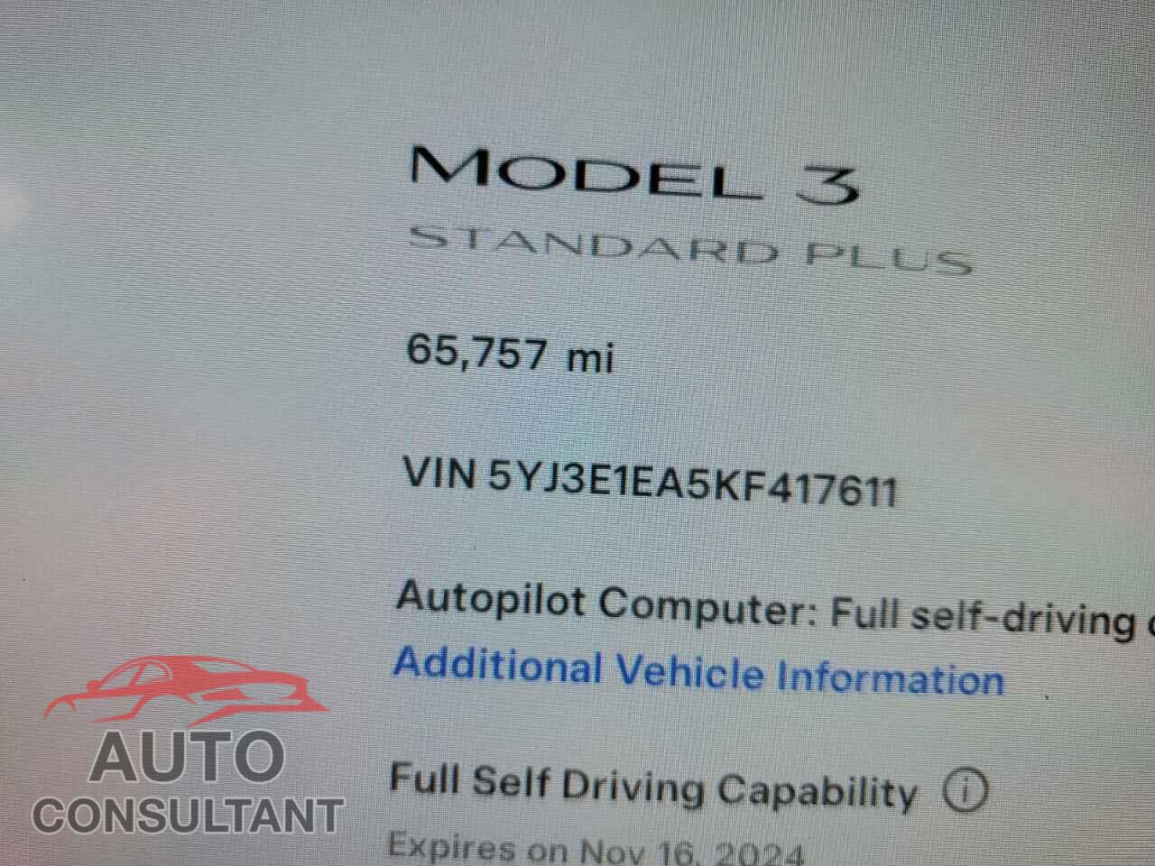 TESLA MODEL 3 2019 - 5YJ3E1EA5KF417611