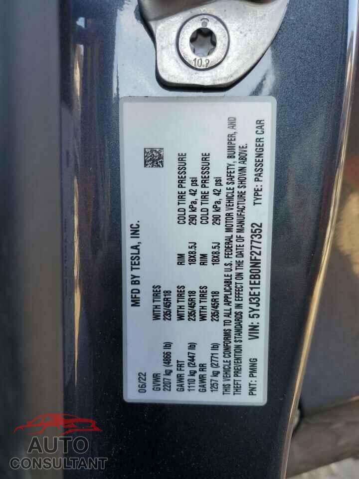 TESLA MODEL 3 2022 - 5YJ3E1EB0NF277352