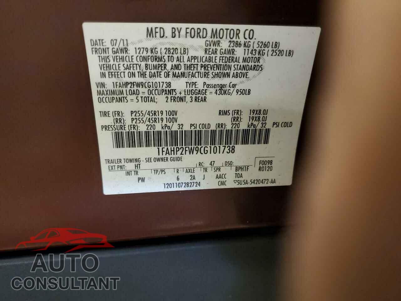 FORD TAURUS 2012 - 1FAHP2FW9CG101738