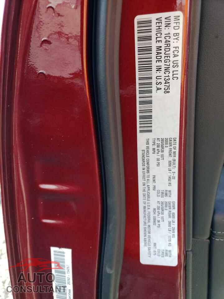 DODGE DURANGO 2022 - 1C4RDJEG7NC134758
