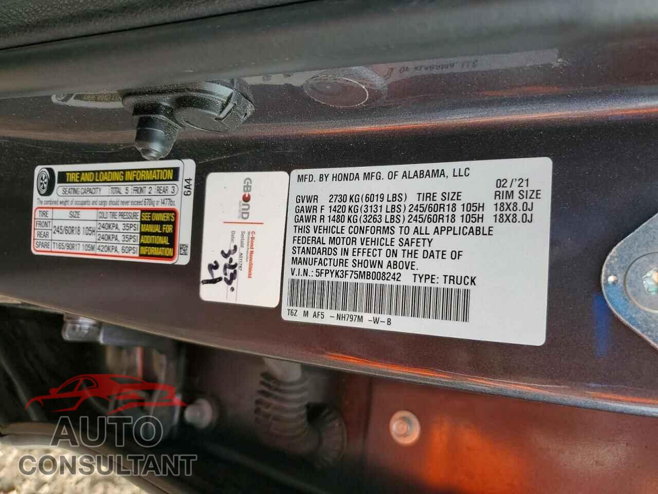 HONDA RIDGELINE 2021 - 5FPYK3F75MB008242