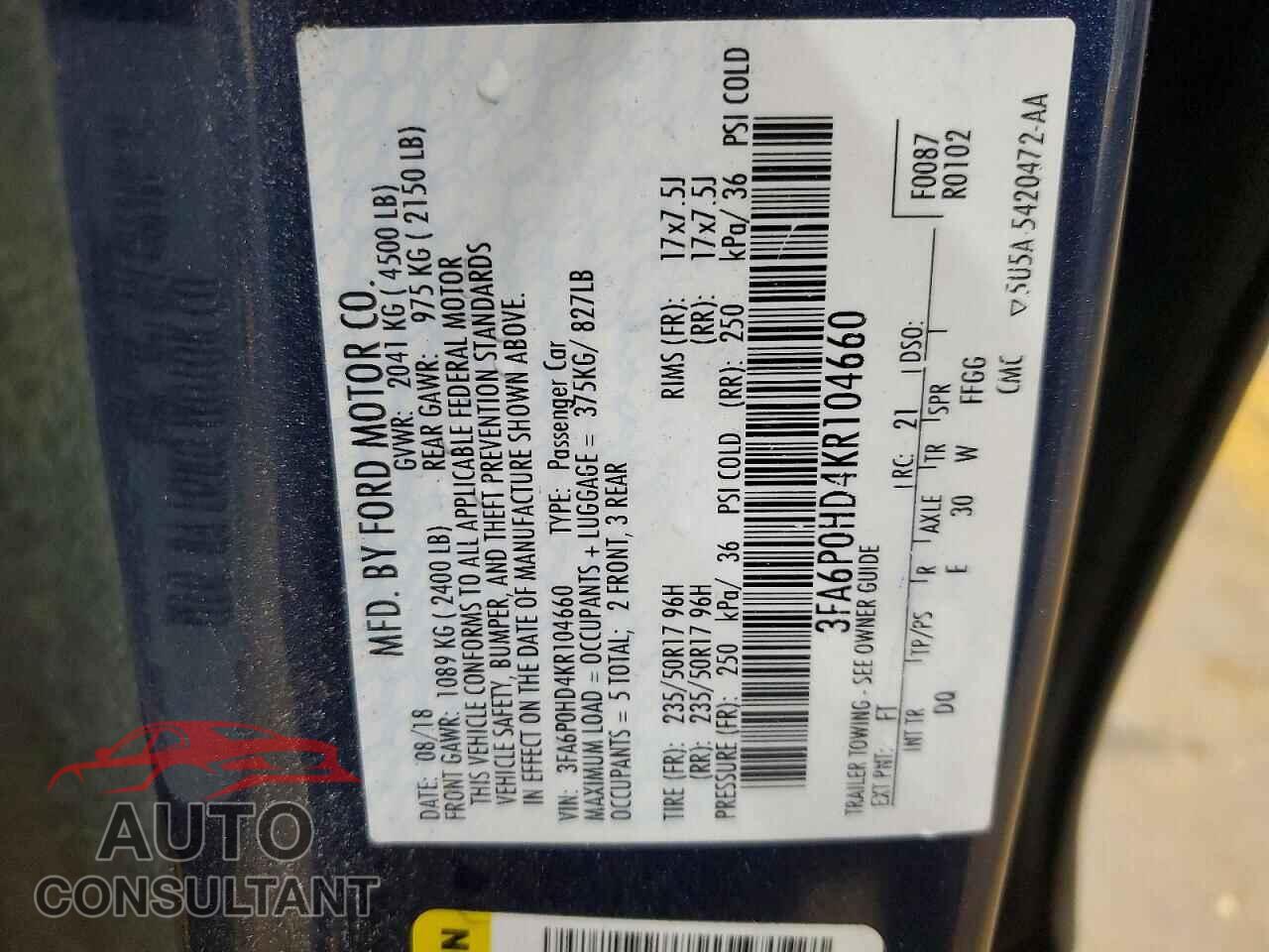 FORD FUSION 2019 - 3FA6P0HD4KR104660