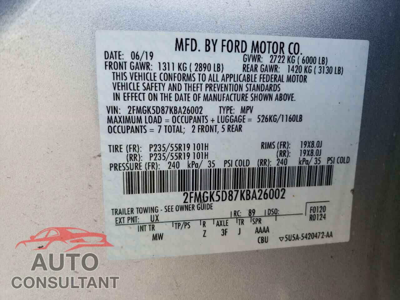 FORD FLEX 2019 - 2FMGK5D87KBA26002