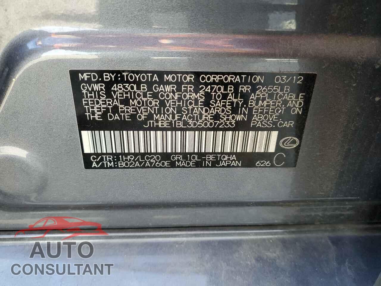 LEXUS GS350 2013 - JTHBE1BL3D5007233