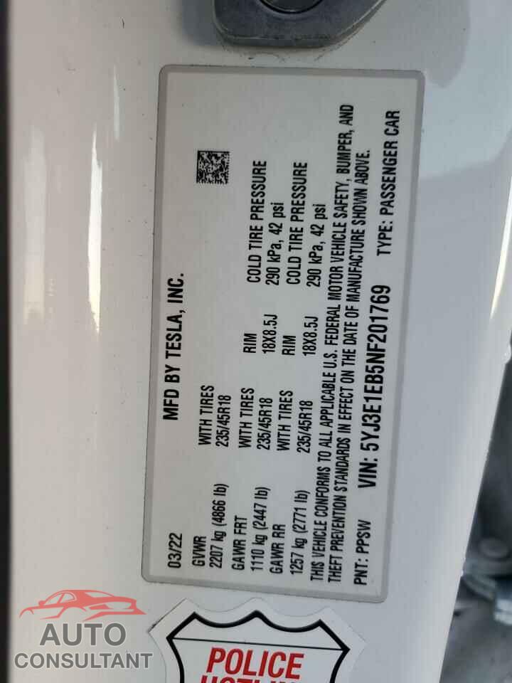 TESLA MODEL 3 2022 - 5YJ3E1EB5NF201769