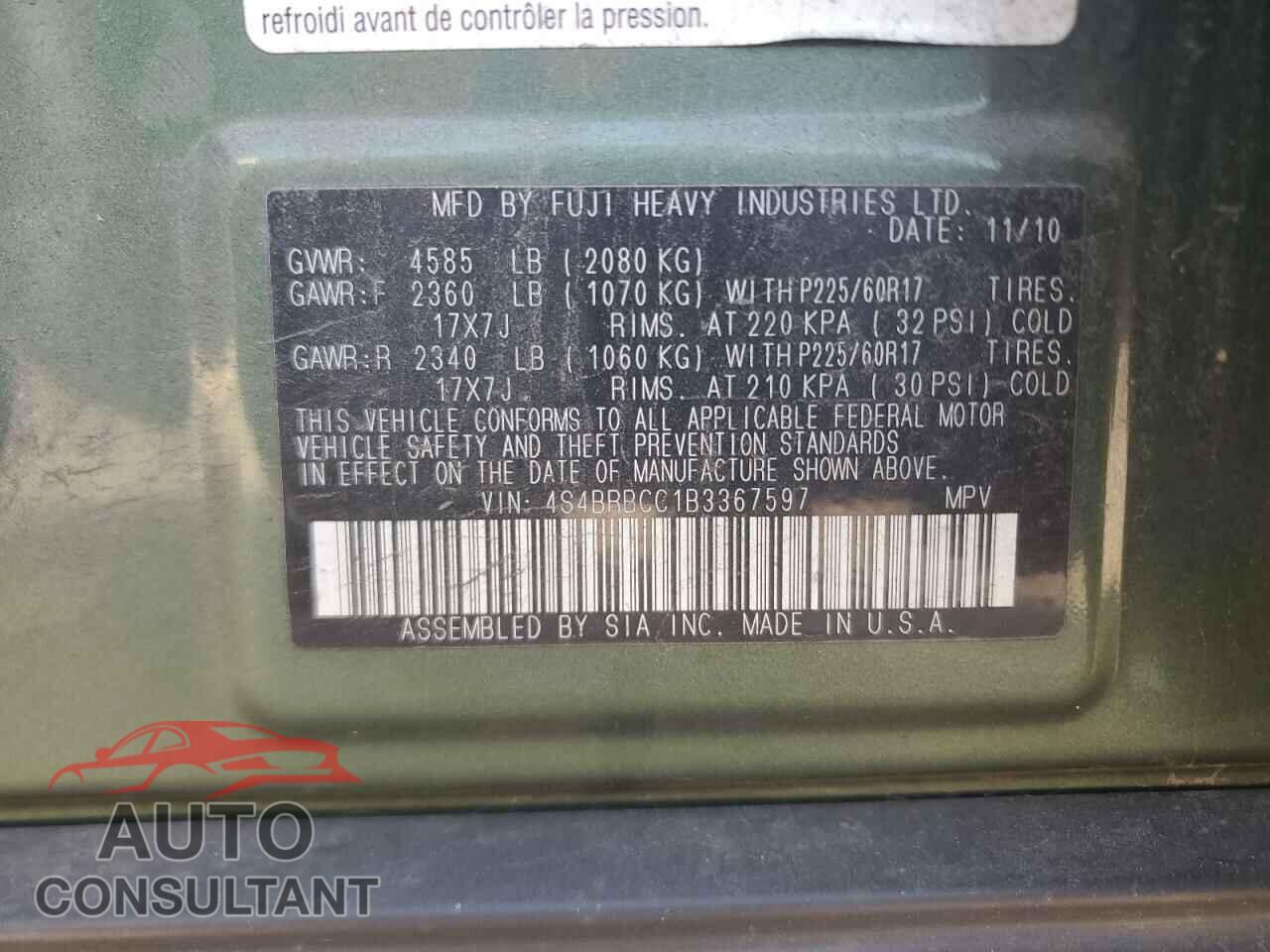 SUBARU OUTBACK 2011 - 4S4BRBCC1B3367597