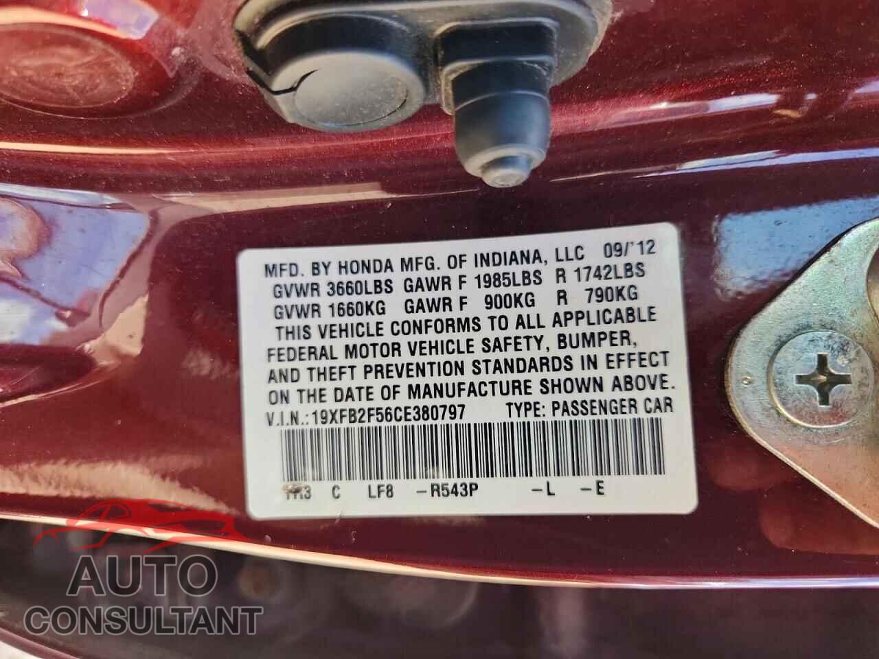 HONDA CIVIC 2012 - 19XFB2F56CE380797