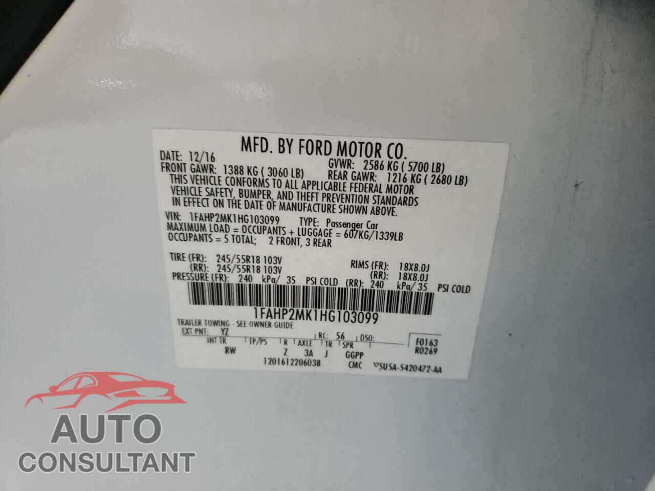 FORD TAURUS 2017 - 1FAHP2MK1HG103099