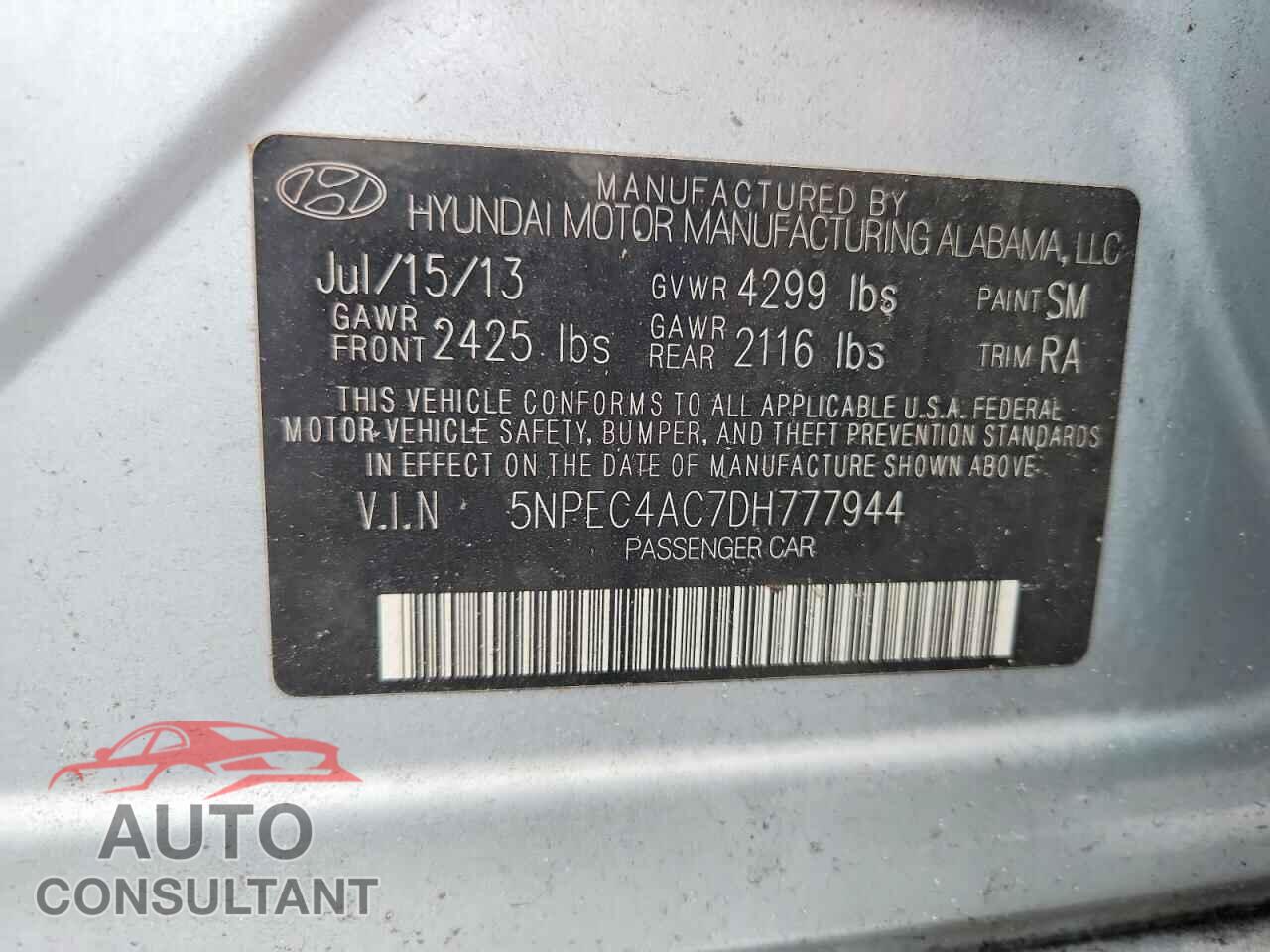 HYUNDAI SONATA 2013 - 5NPEC4AC7DH777944