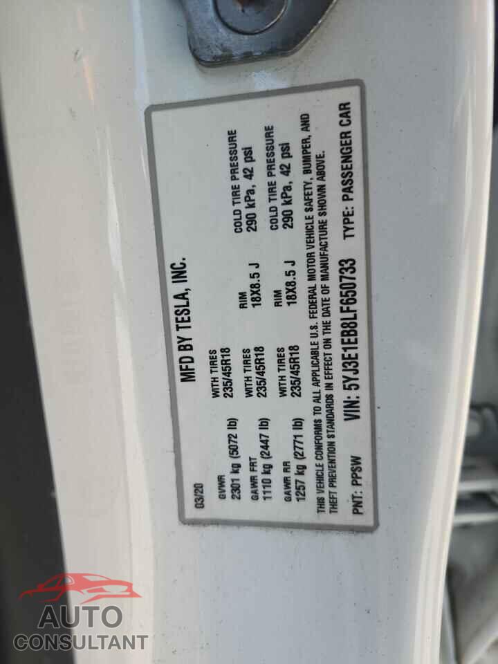 TESLA MODEL 3 2020 - 5YJ3E1EB8LF650733