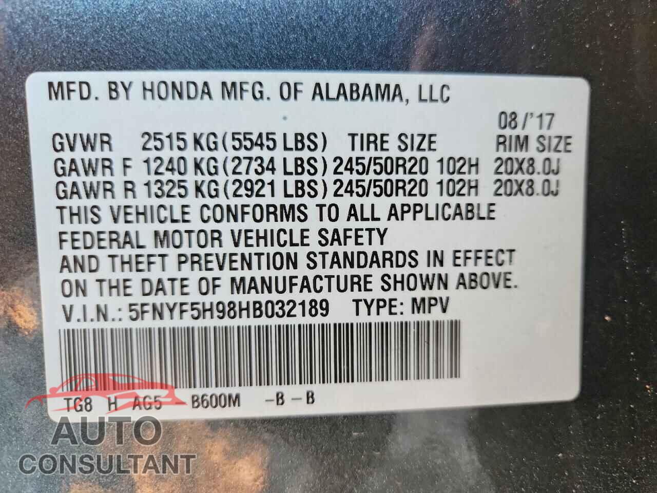 HONDA PILOT 2017 - 5FNYF5H98HB032189