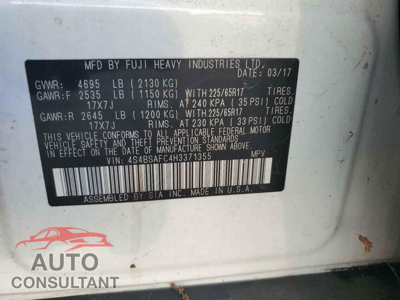 SUBARU OUTBACK 2017 - 4S4BSAFC4H3371355