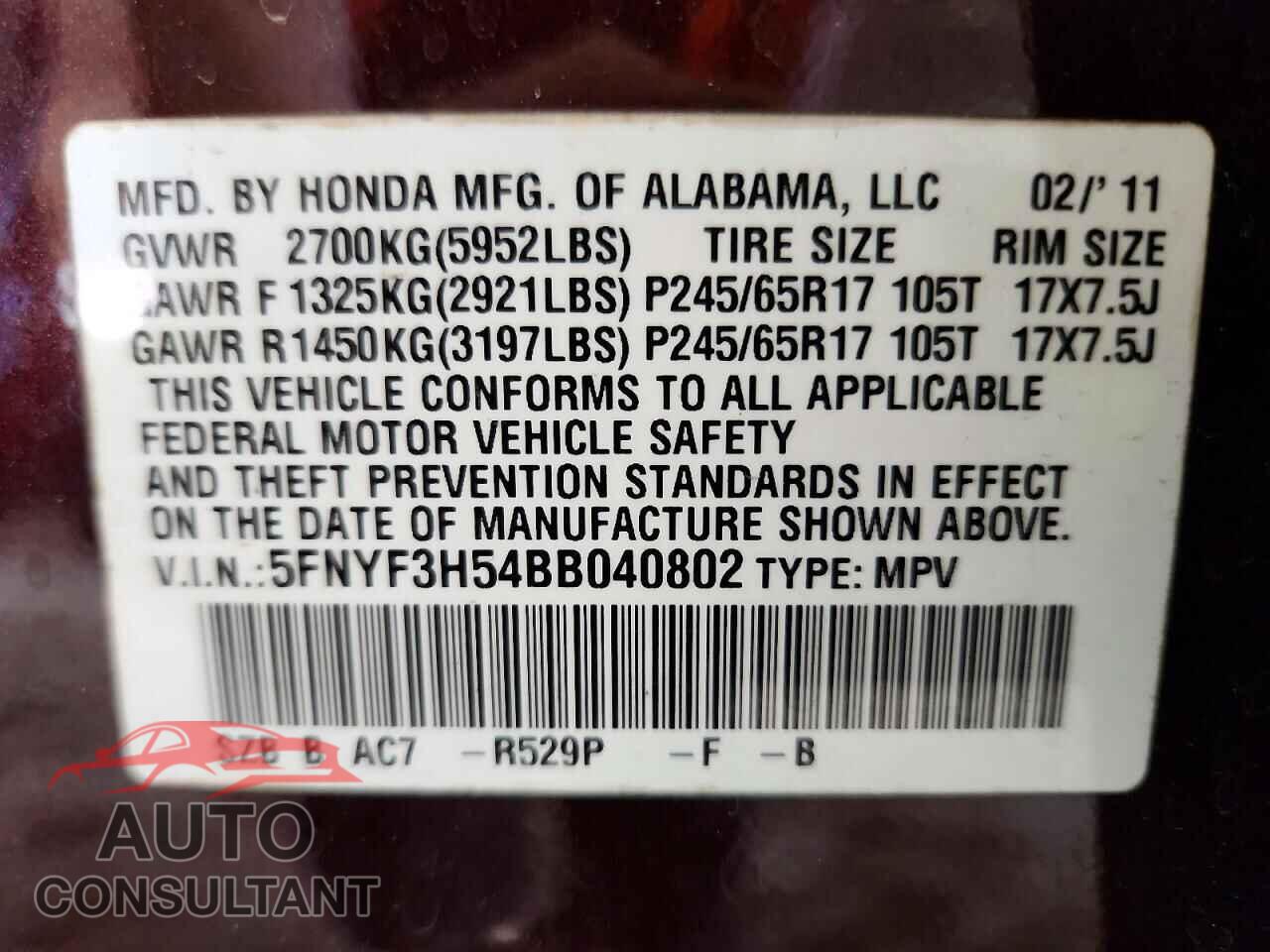HONDA PILOT 2011 - 5FNYF3H54BB040802