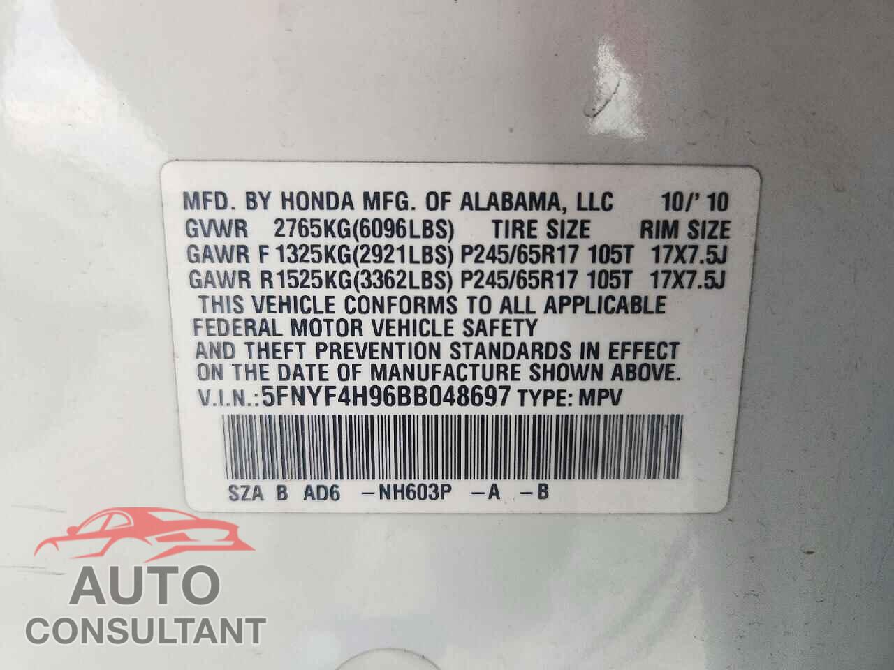 HONDA PILOT 2011 - 5FNYF4H96BB048697