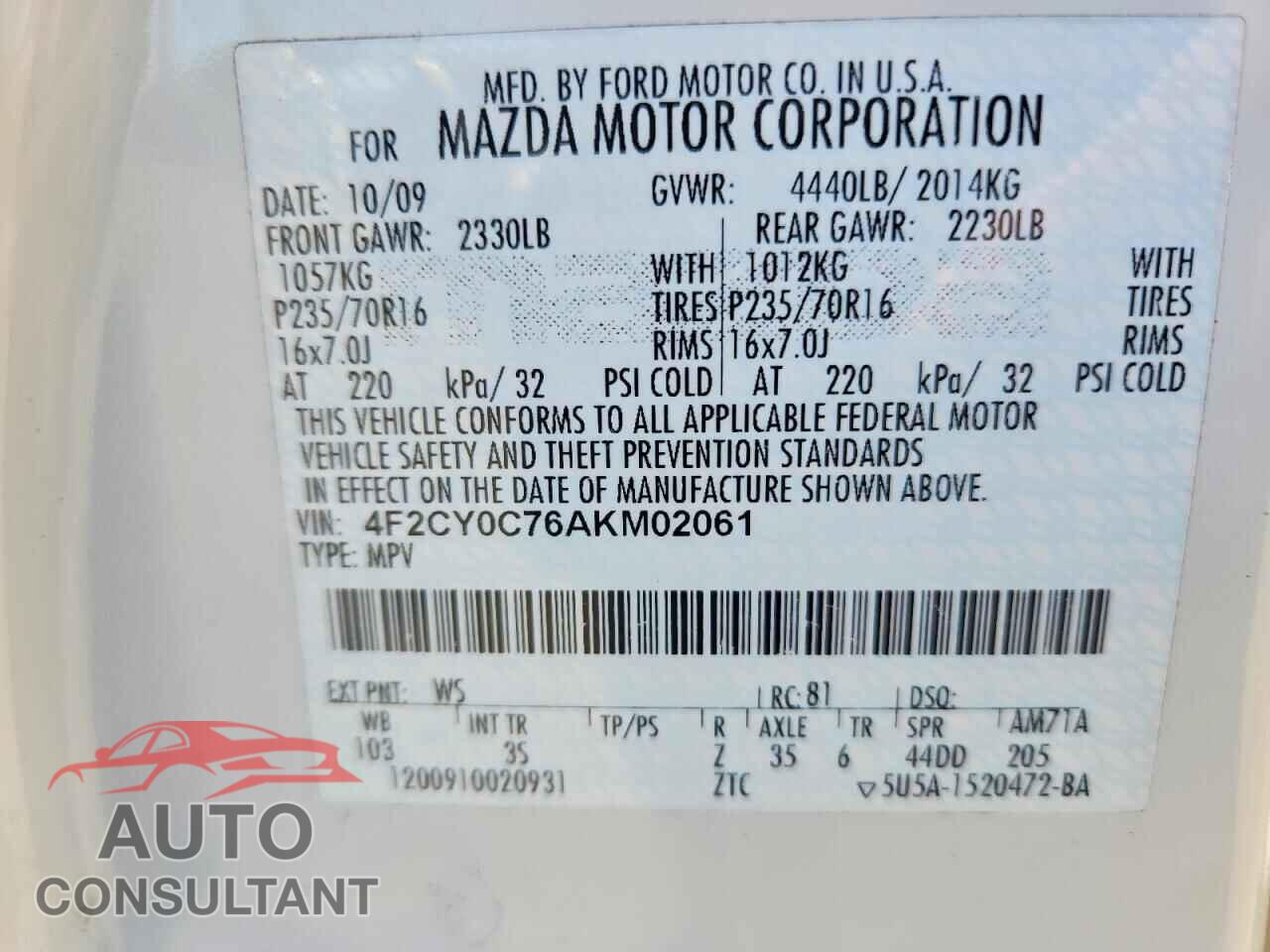 MAZDA TRIBUTE 2010 - 4F2CY0C76AKM02061