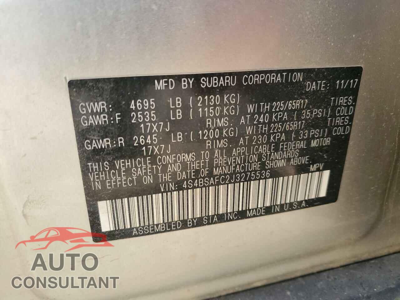 SUBARU OUTBACK 2018 - 4S4BSAFC2J3275536
