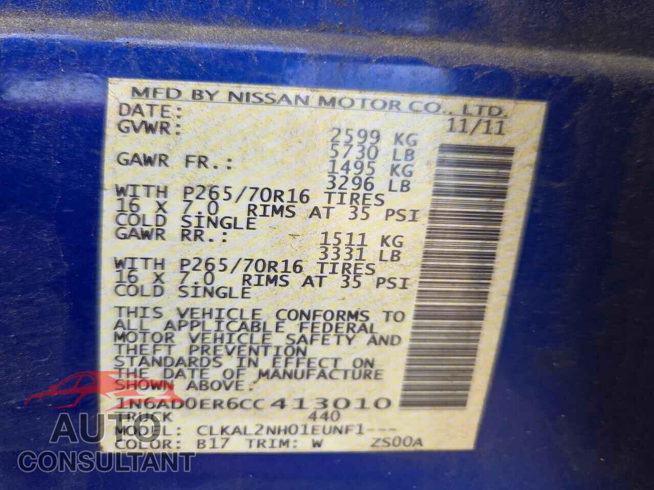 NISSAN FRONTIER 2012 - 1N6AD0ER6CC413010