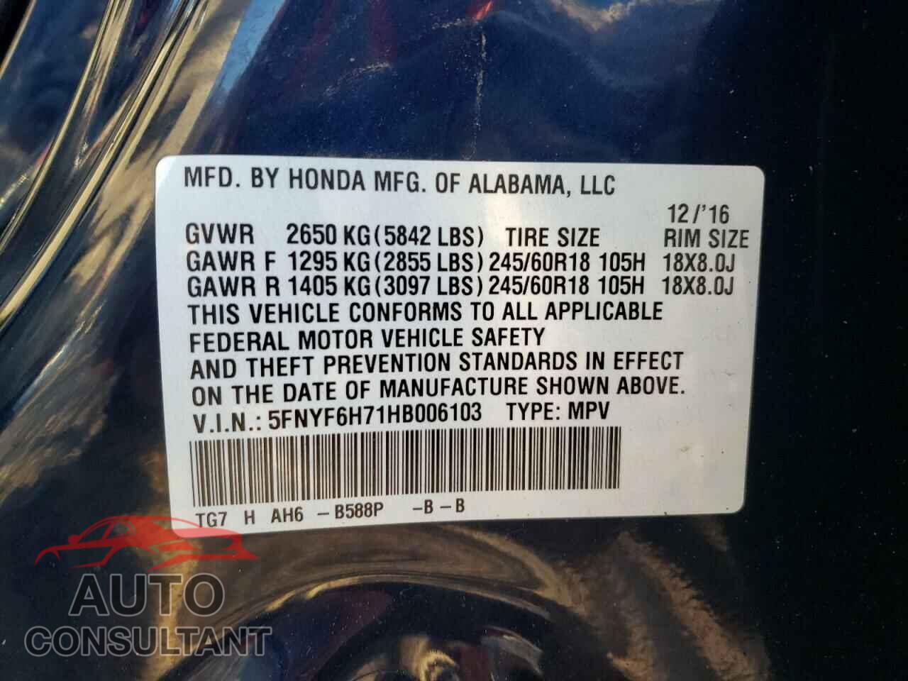HONDA PILOT 2017 - 5FNYF6H71HB006103