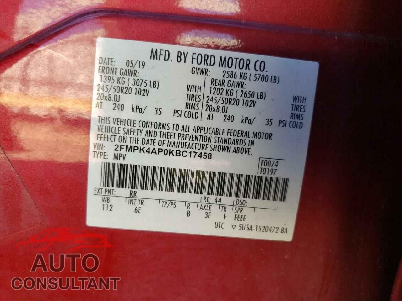 FORD EDGE 2019 - 2FMPK4AP0KBC17458