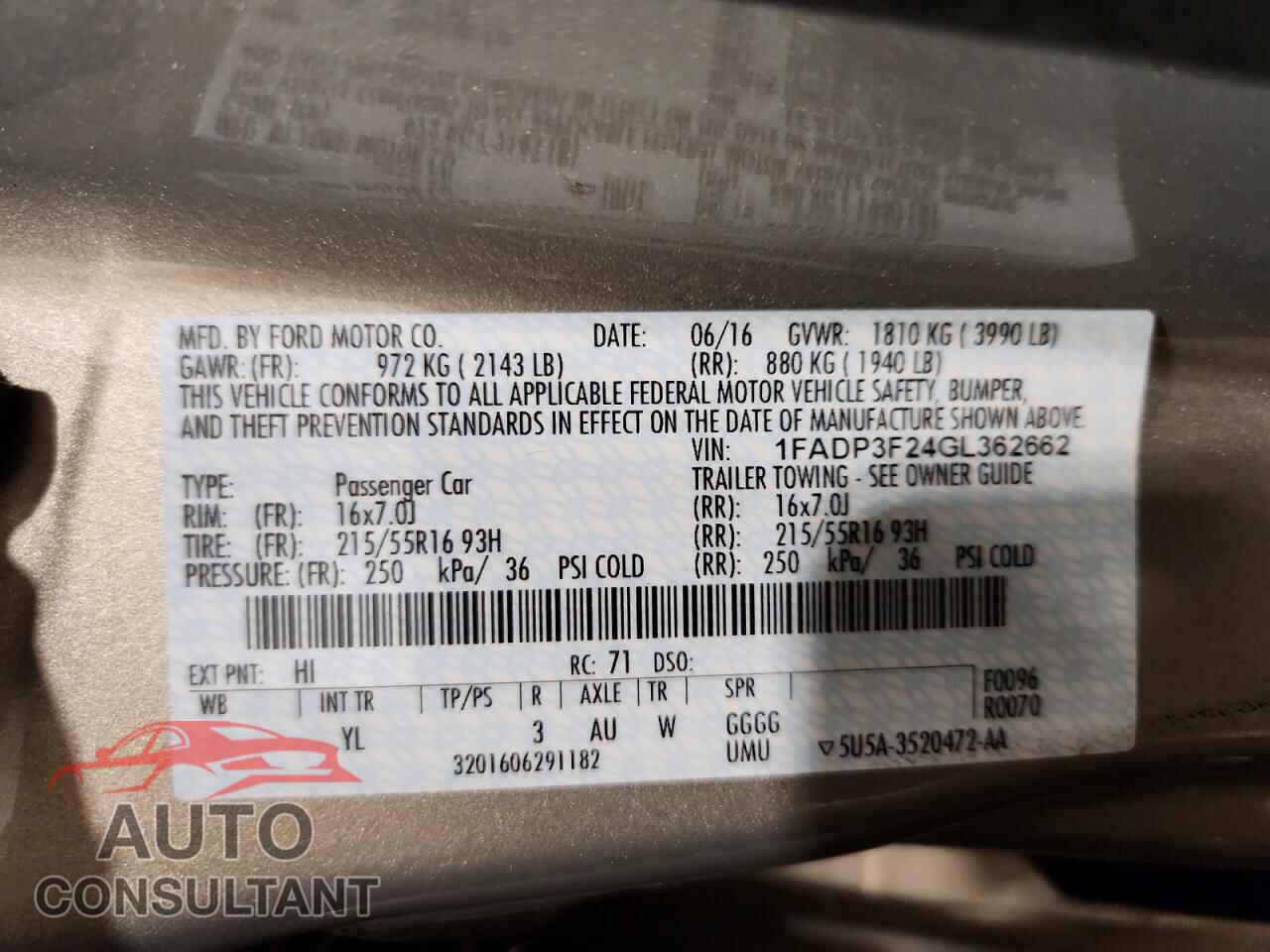 FORD FOCUS 2016 - 1FADP3F24GL362662