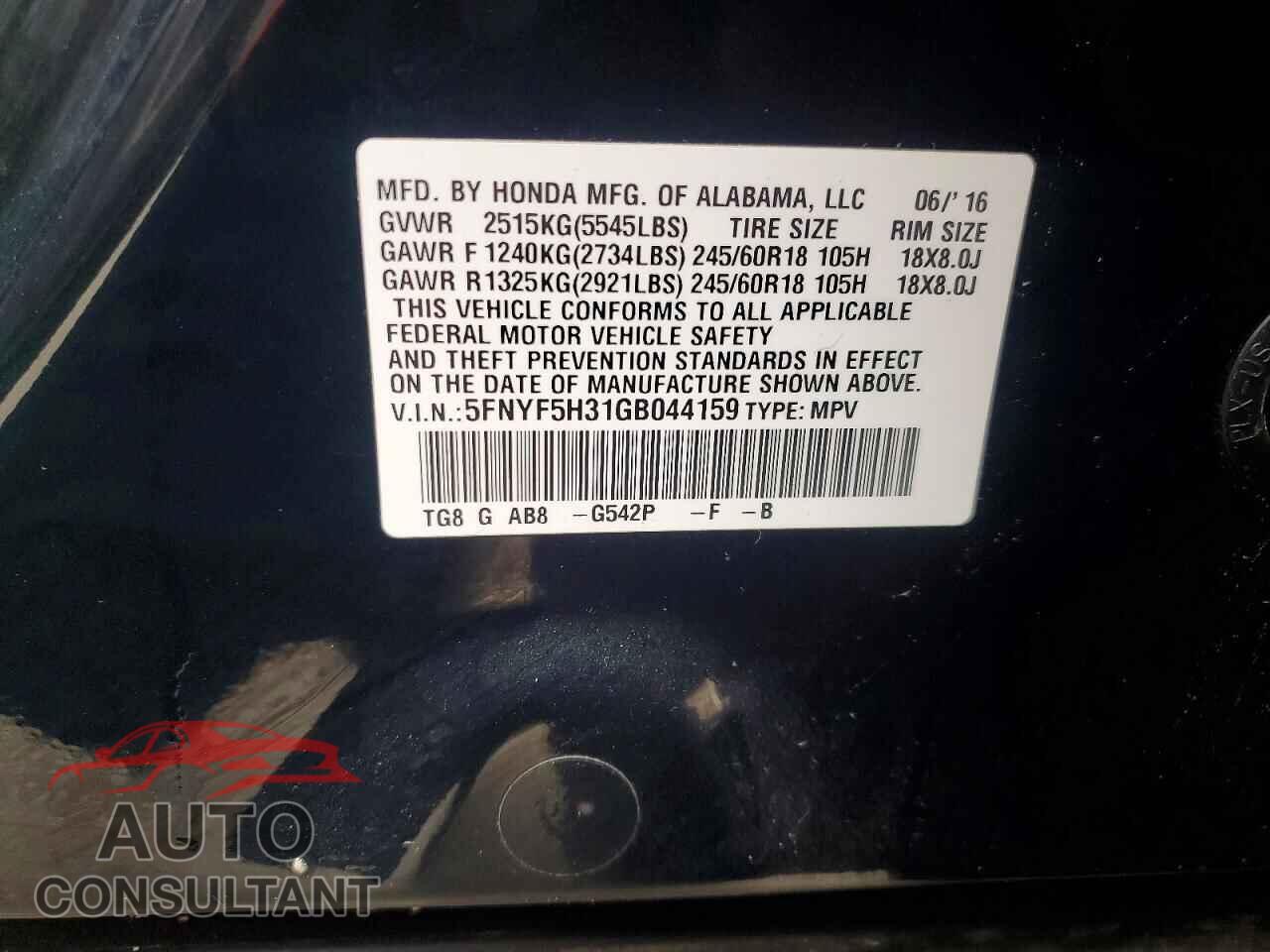 HONDA PILOT 2016 - 5FNYF5H31GB044159
