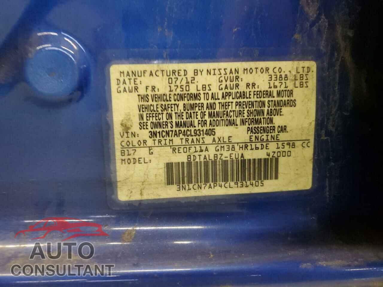 NISSAN VERSA 2012 - 3N1CN7AP4CL931405