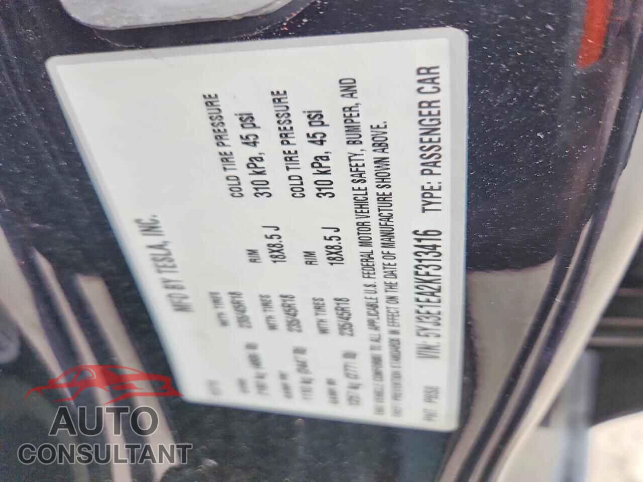 TESLA MODEL 3 2019 - 5YJ3E1EA2KF313416