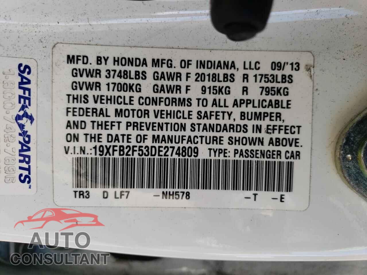 HONDA CIVIC 2013 - 19XFB2F53DE274809