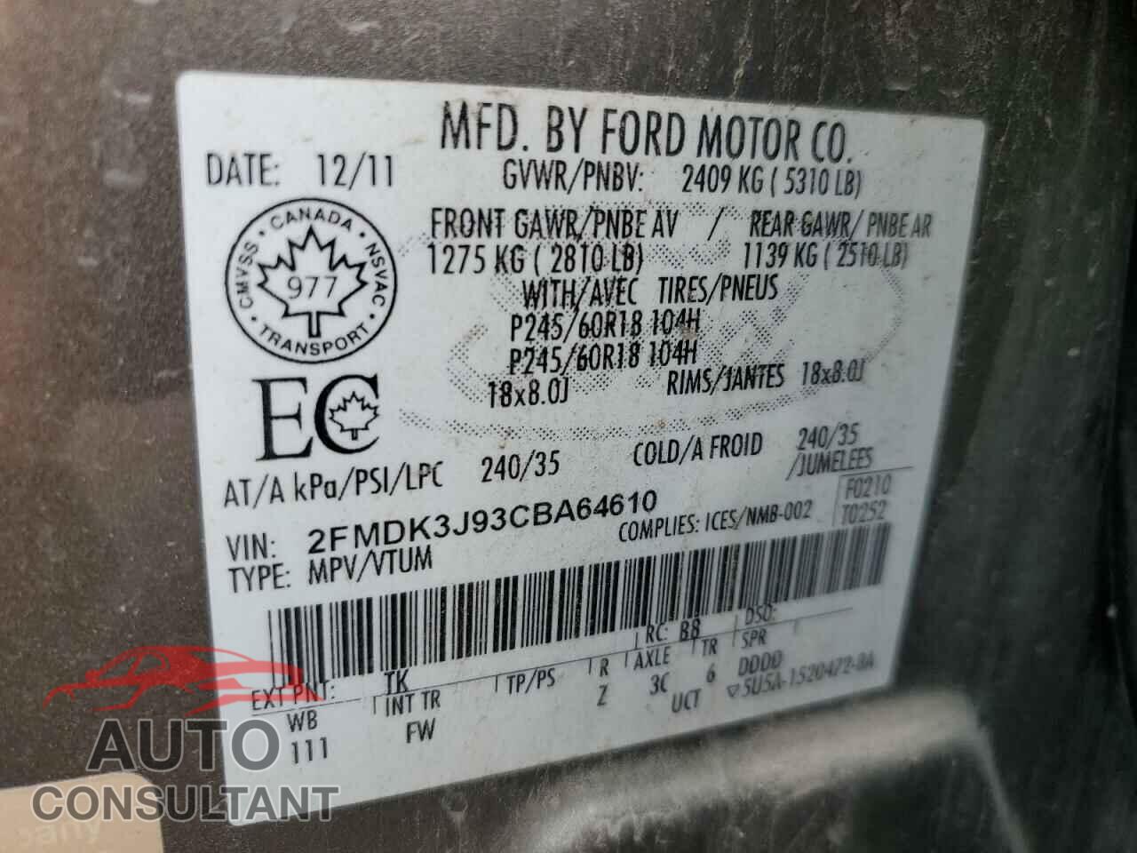 FORD EDGE 2012 - 2FMDK3J93CBA64610