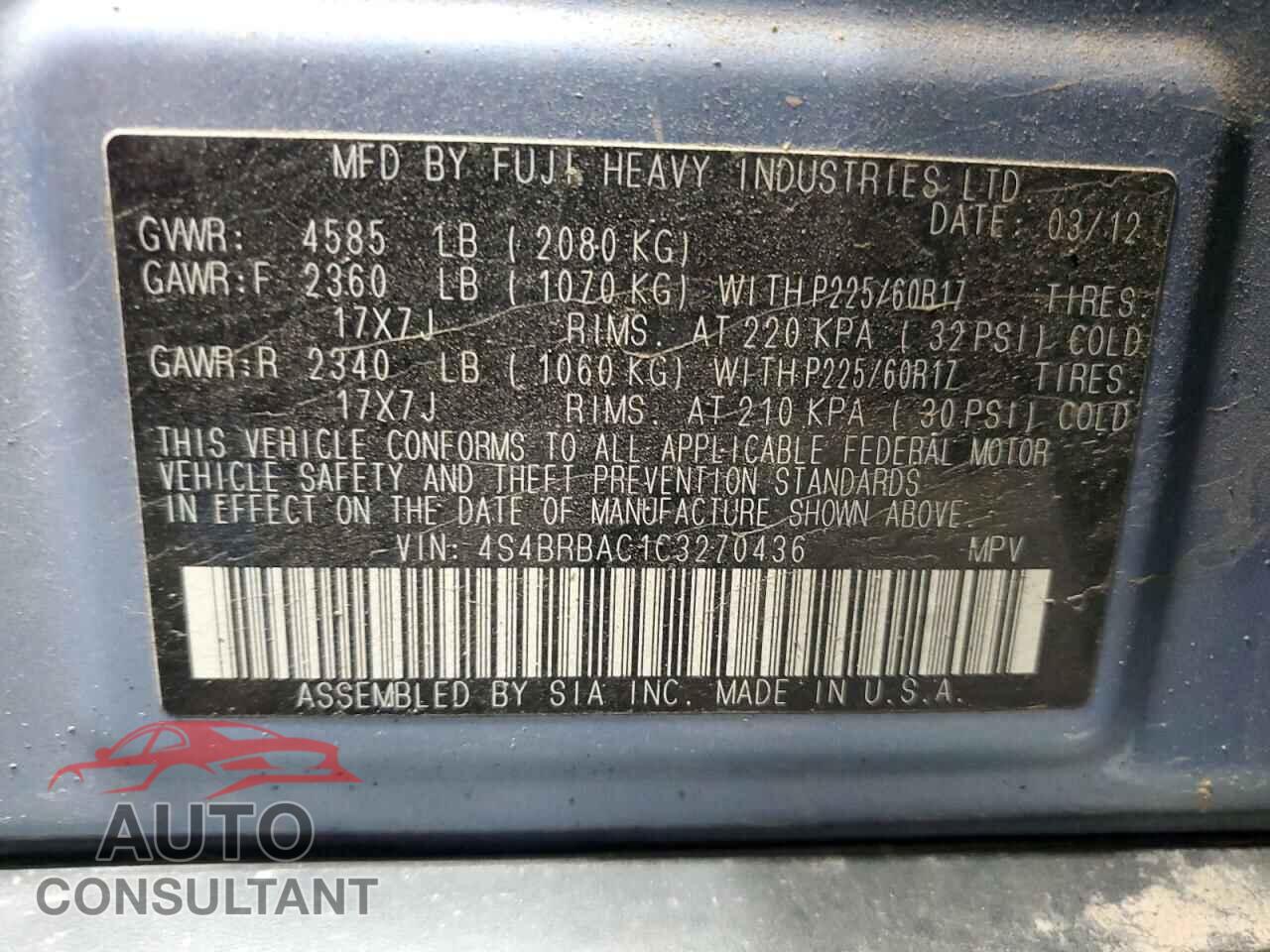 SUBARU OUTBACK 2012 - 4S4BRBAC1C3270436