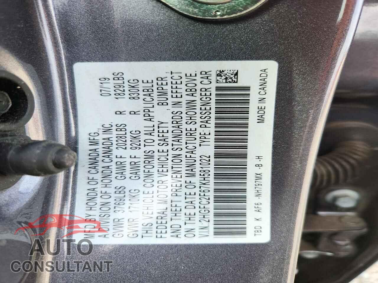 HONDA CIVIC 2019 - 2HGFC2F67KH581022