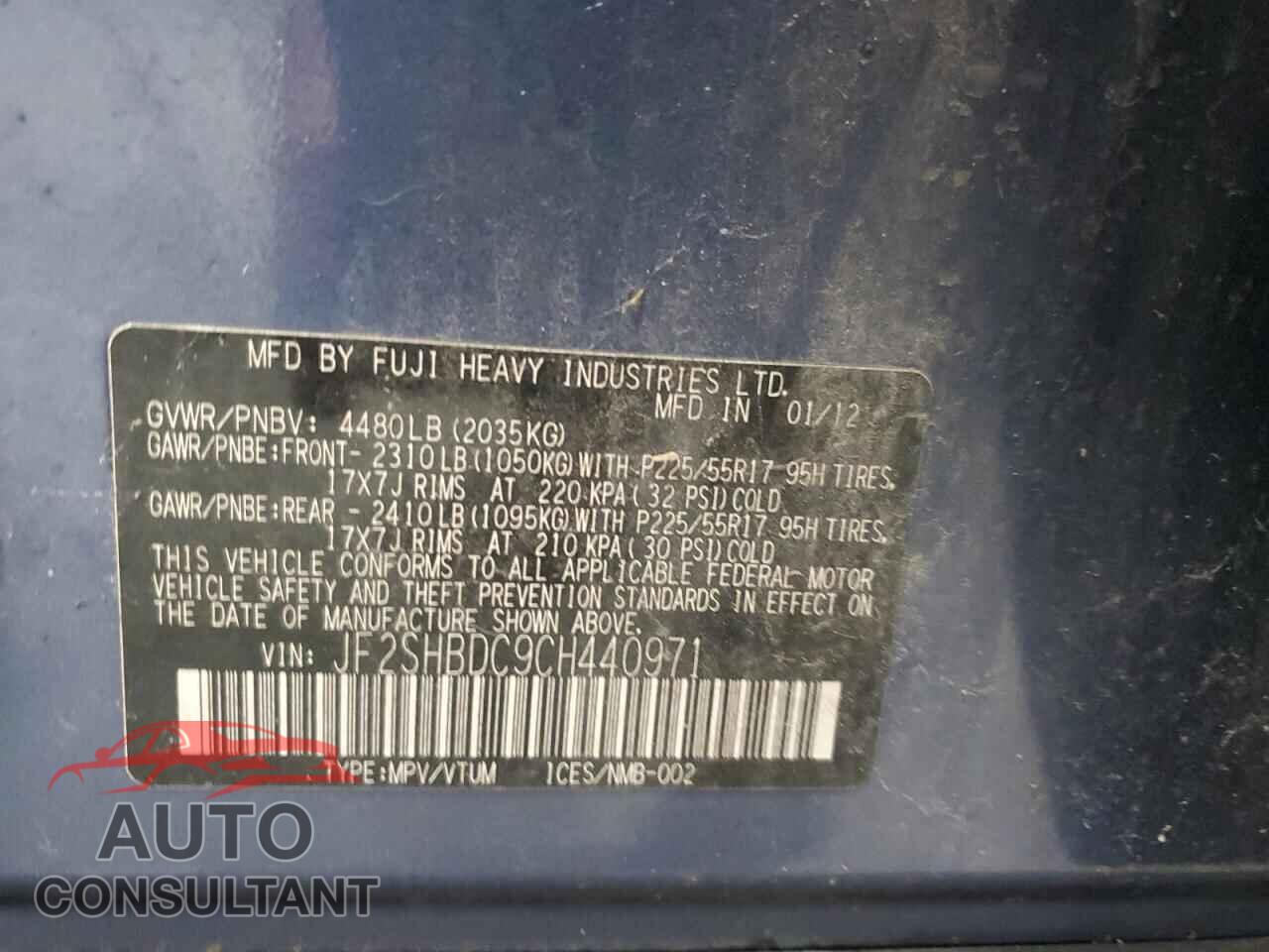 SUBARU FORESTER 2012 - JF2SHBDC9CH440971