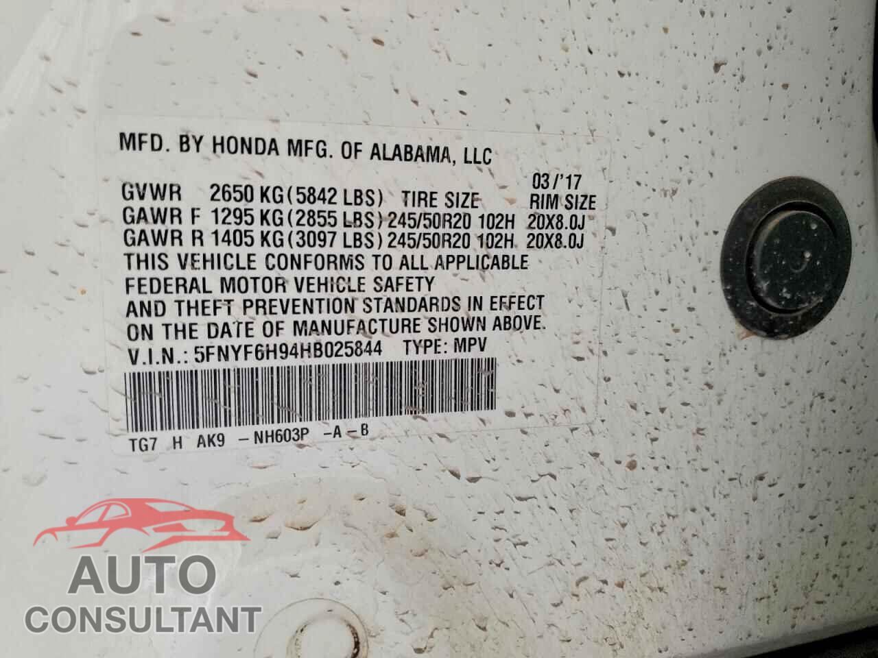 HONDA PILOT 2017 - 5FNYF6H94HB025844