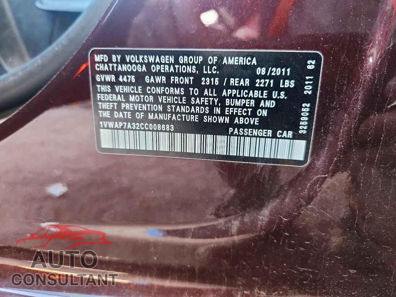 VOLKSWAGEN PASSAT 2012 - 1VWAP7A32CC008683