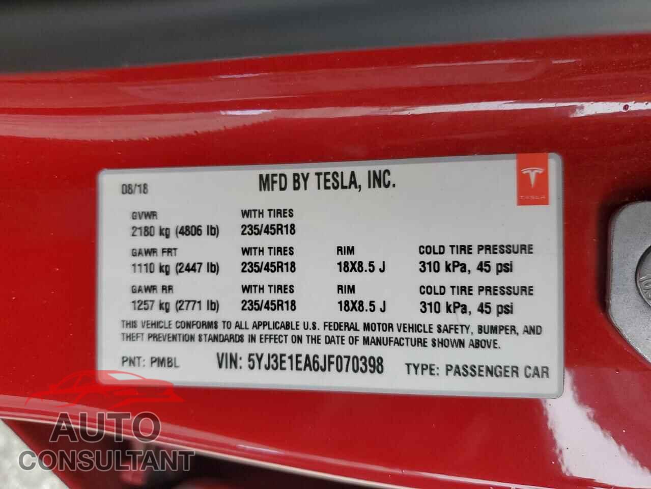 TESLA MODEL 3 2018 - 5YJ3E1EA6JF070398