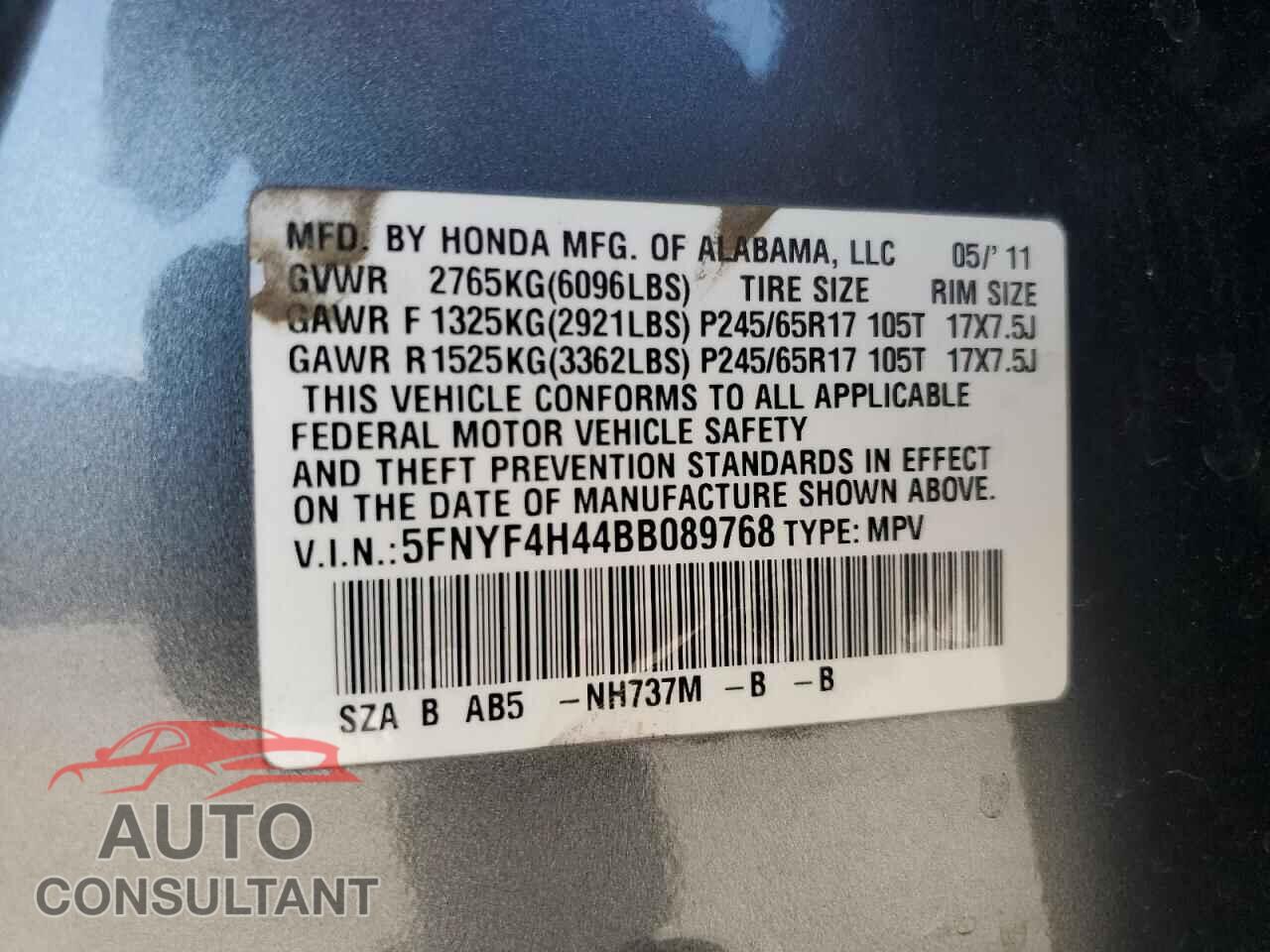 HONDA PILOT 2011 - 5FNYF4H44BB089768