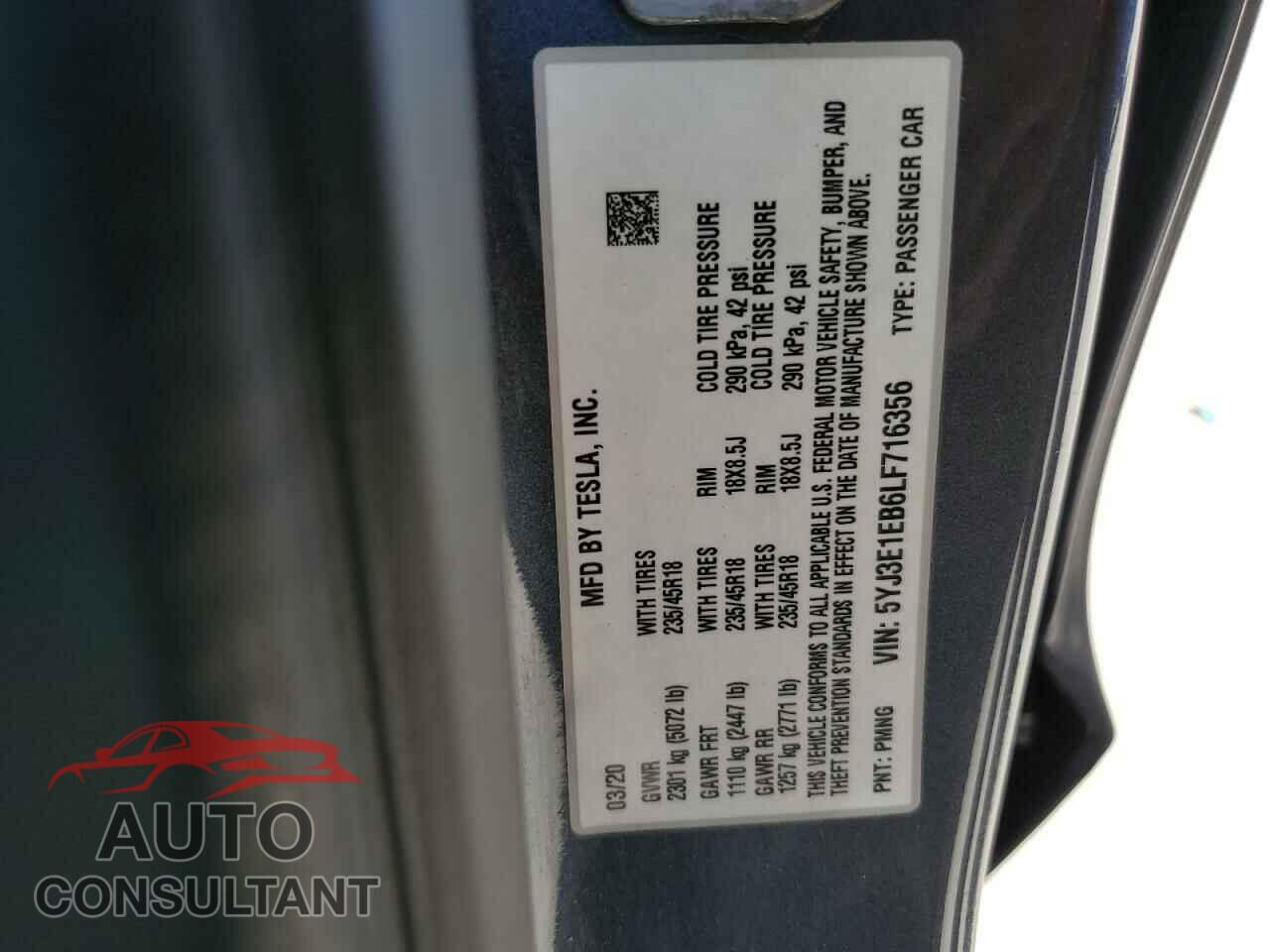 TESLA MODEL 3 2020 - 5YJ3E1EB6LF716356