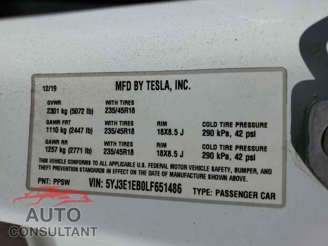TESLA MODEL 3 2020 - 5YJ3E1EB0LF651486