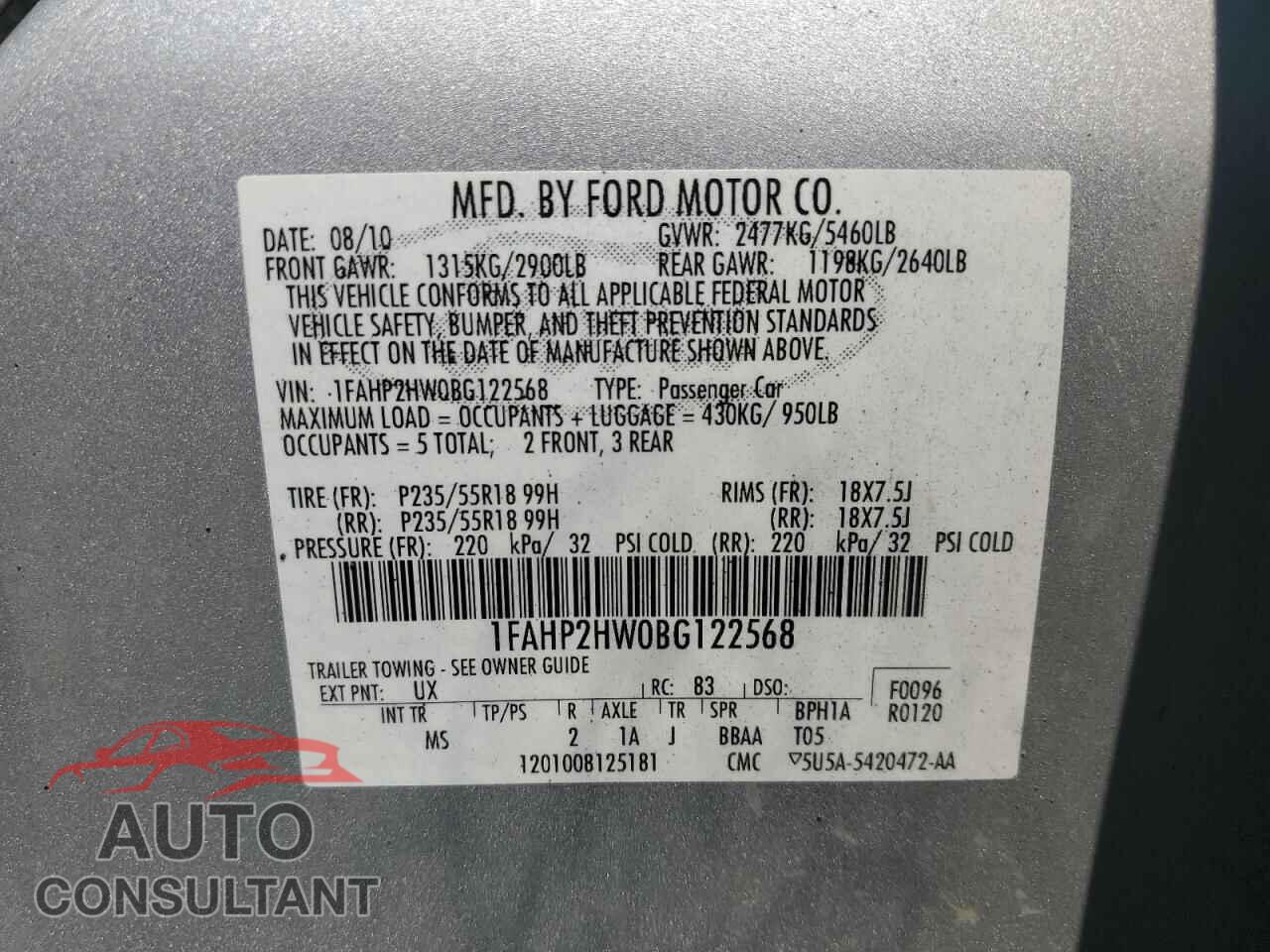FORD TAURUS 2011 - 1FAHP2HW0BG122568
