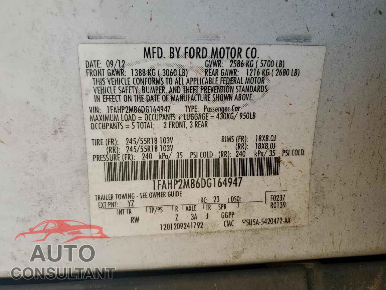 FORD TAURUS 2013 - 1FAHP2M86DG164947