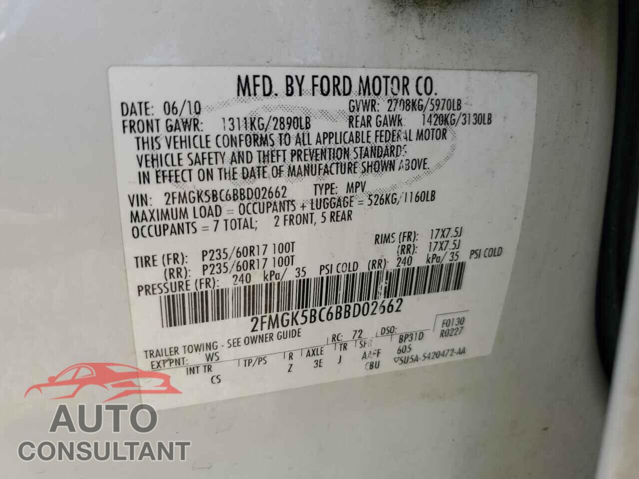 FORD FLEX 2011 - 2FMGK5BC6BBD02662